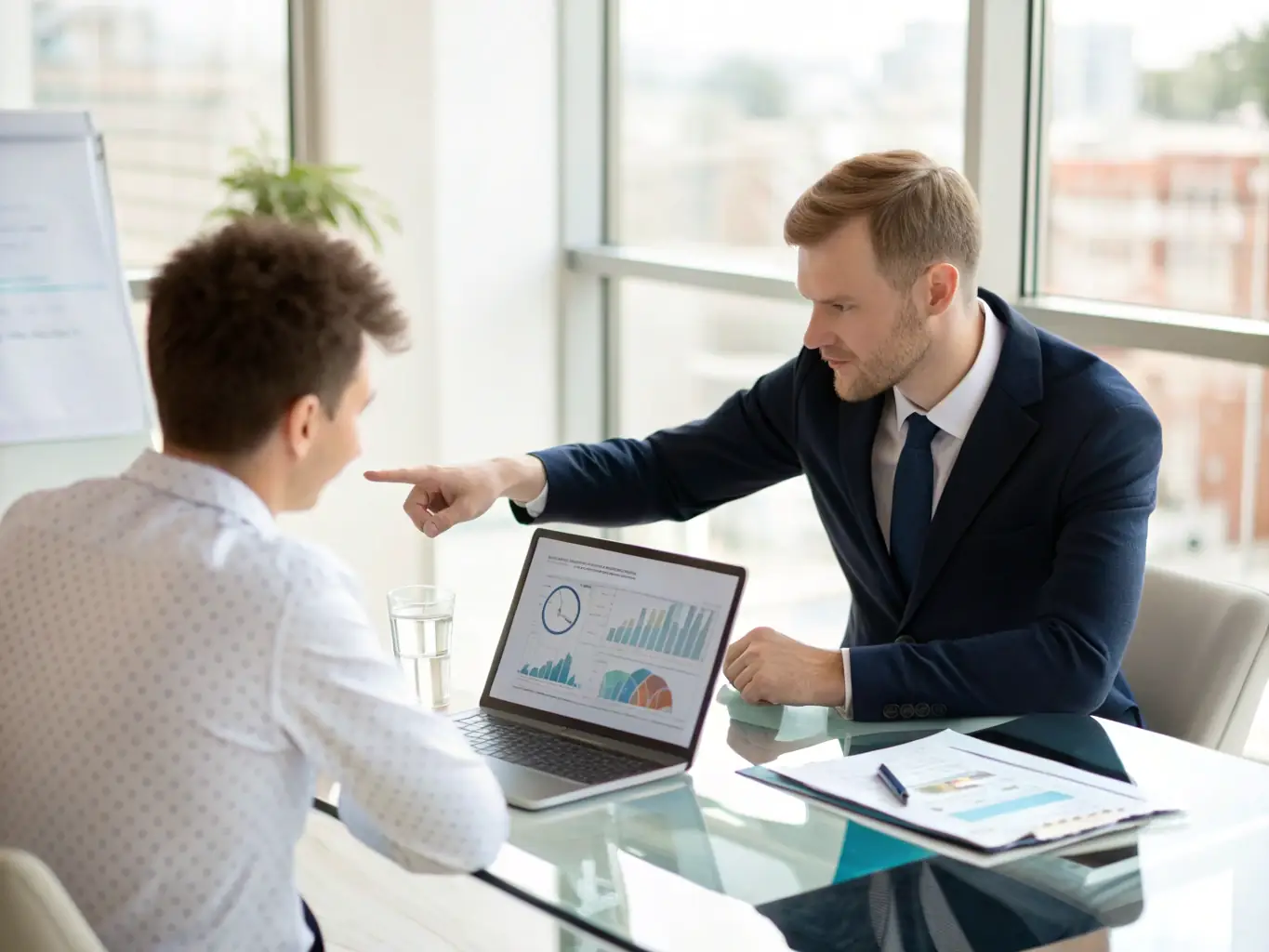 An image of a confident business coach engaging with a client in a modern office setting, with charts and laptops visible, representing the Business Coaching Program.