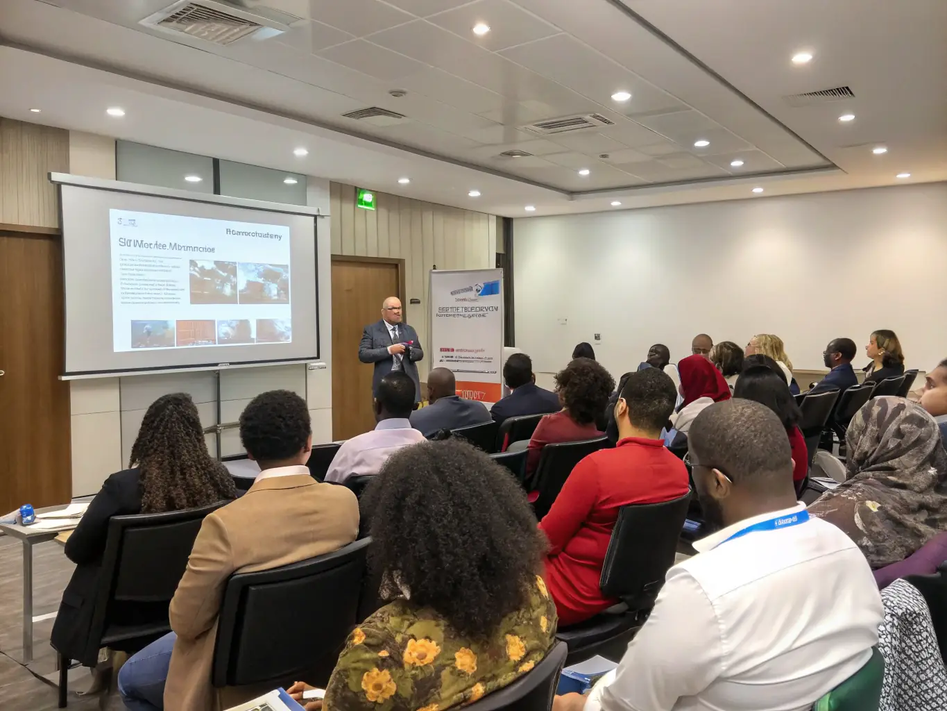 A group of professionals participating in a lively workshop, with a facilitator presenting on a whiteboard, representing the Career Growth Workshops.